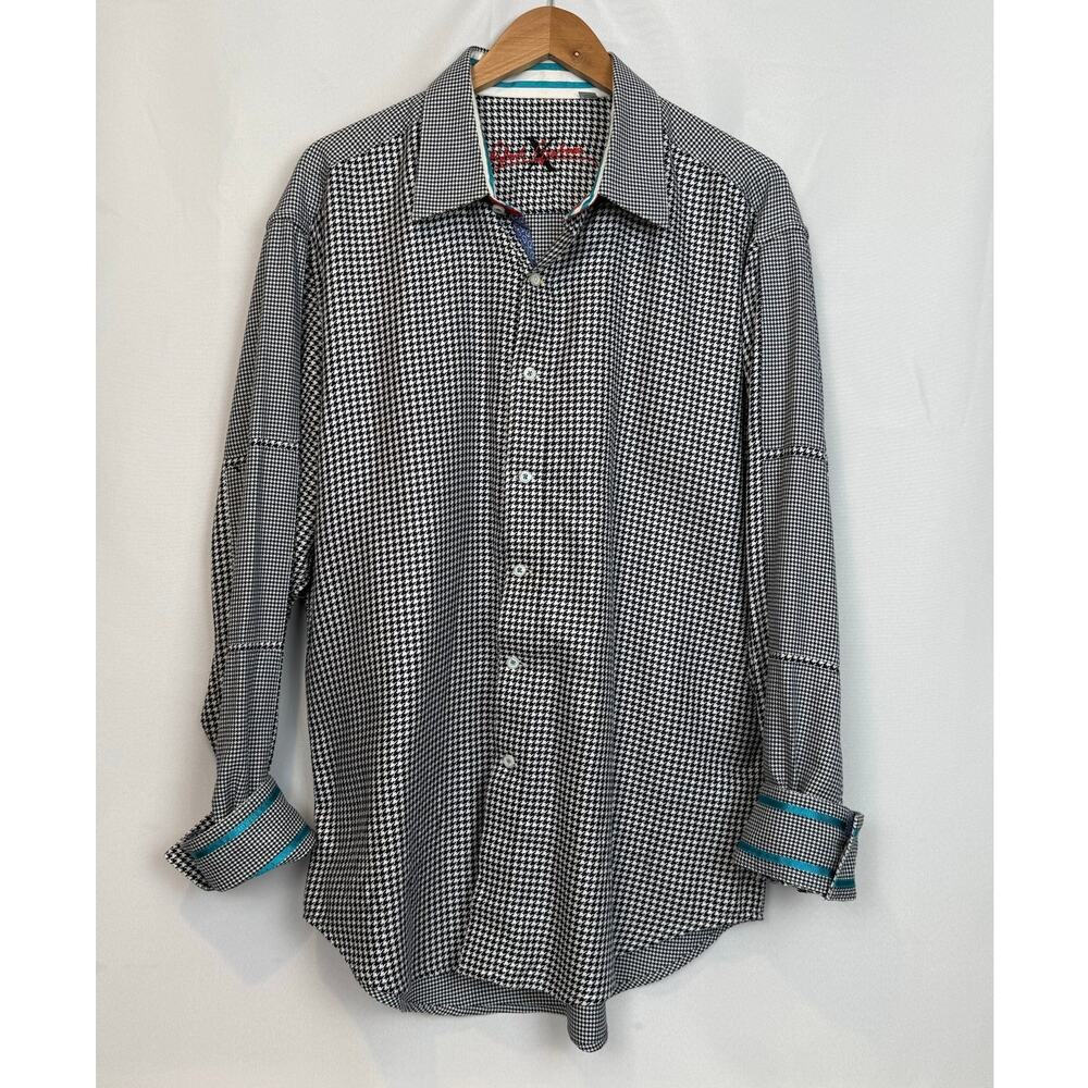 Robert Graham Houndstooth Shirt 2XL Teal Contrast Trim Button Down
